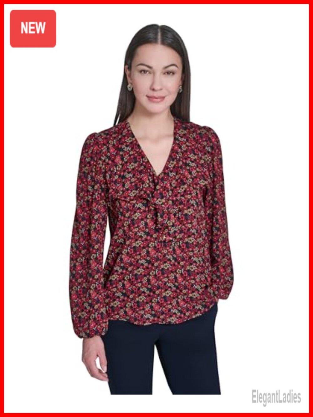 V-Neck Long Sleeve Striped Ruffle Neck Button-Down Shirt Work Blouse